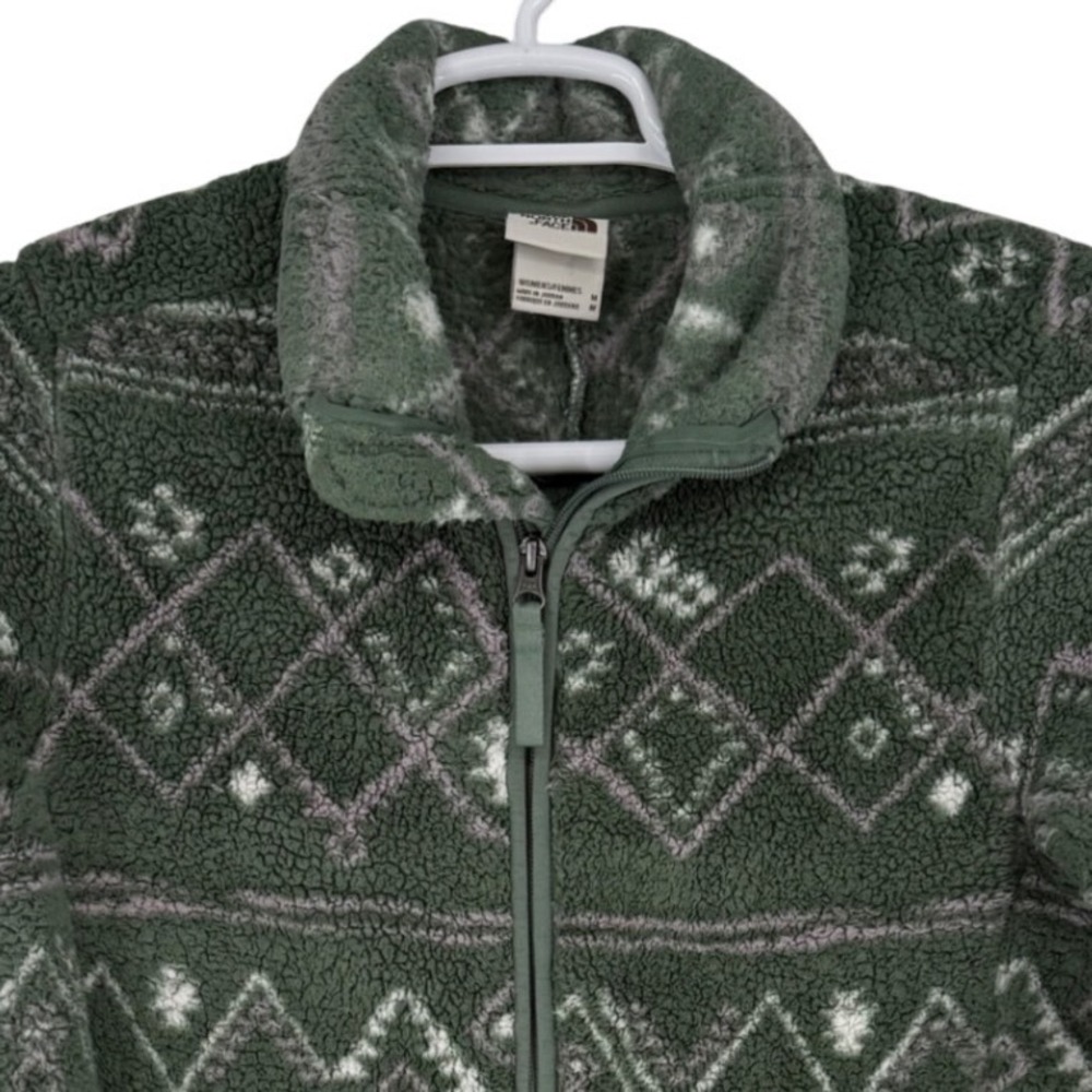 The North Face Womens Green Fair Isle Sherpa Fleece Full Zip Jacket Medium